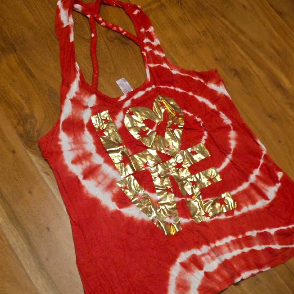 No Boundaries Red and White Tie-Dye Tank with Gold Accent